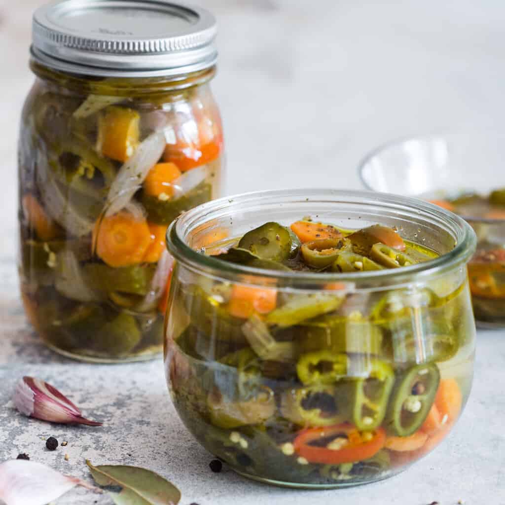 Mexican pickled jalapenos, aka chiles en vinagre. Easy recipe.