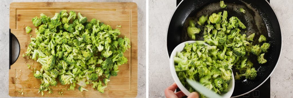 Imagen izq: Brócoli cortado en ramilletes. Imagen der: Agregando el brócoli crudo a la cazuela.