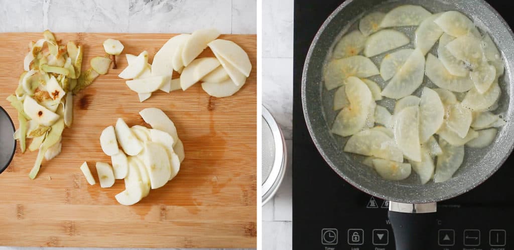 Peras cortadas y cocidas para el relleno.