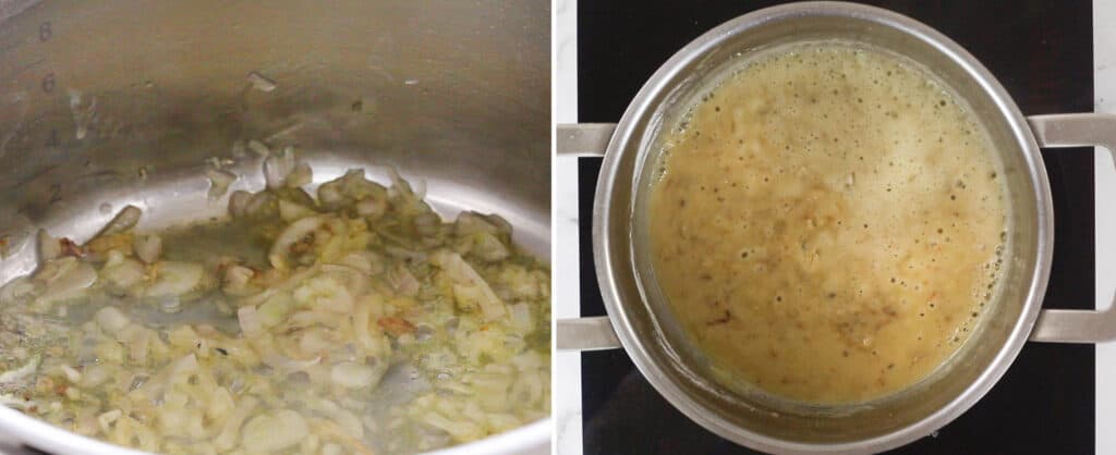 frying shallots then stirring in flour.