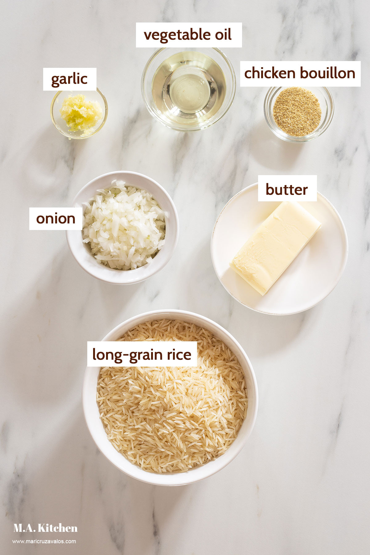 Ingredients for arroz a la mantequilla, aka buttery rice.