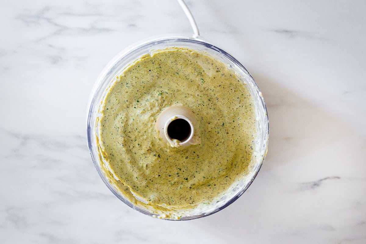 Creamy poblano sauce fully processed.