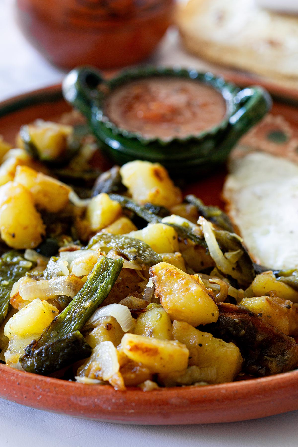 Close-up of Rajas con papas.